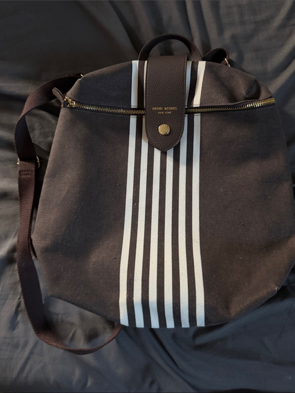 henri bendel Brown Canvas Backpack with White Vertical Stripes - Picture 2 of 5